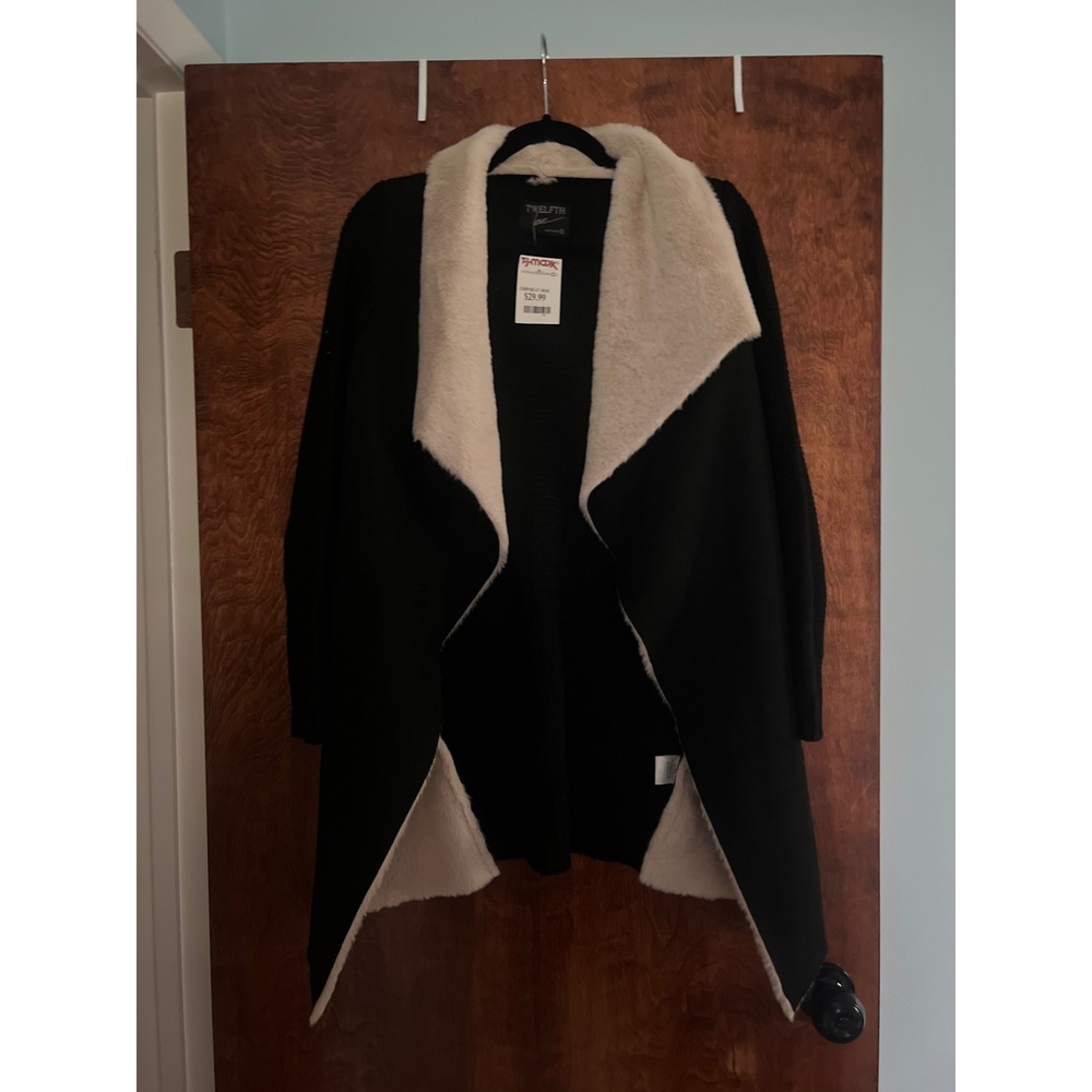 NEW Twelfth Love Cardigan Women S Black Faux Fur Trim Open Front Knit Jacket